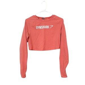Gymshark Long Sleeve Crop Top Coral Pink Logo Athletic Shirt LARGE